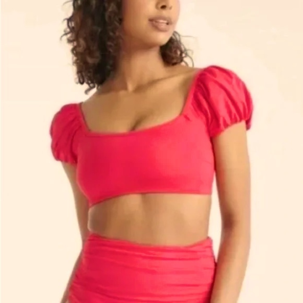 Knix Pink Pepper Bikini Top w Puffy Sleeves size medium like new